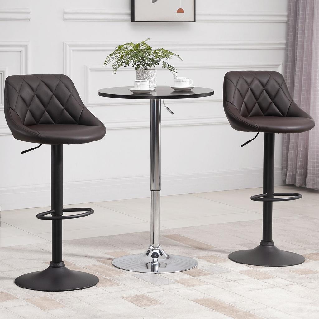 Set of 2 Adjustable Bar Stools with Backrest and Footrest, Metal Base and Faux Leather Seat, 46x48x83-104 Cm, Brown and Black