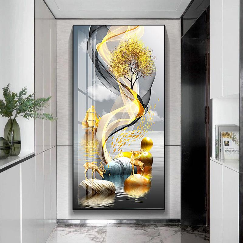 Modern Golden Rich Tree Canvas Painting Wall Art New Chinese Gold Deer Zen Stone Posters for Porch Wall Decoration Room Decor