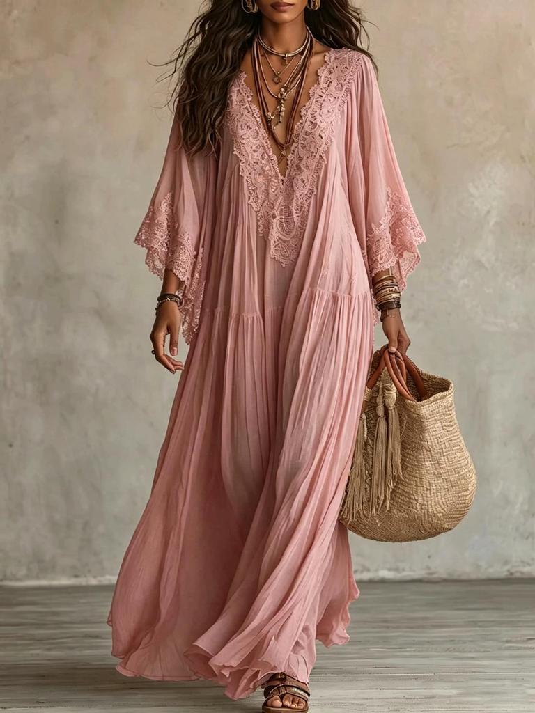 Bohemian Lace Patchwork Chiffon Dress - Western Style Hot Item