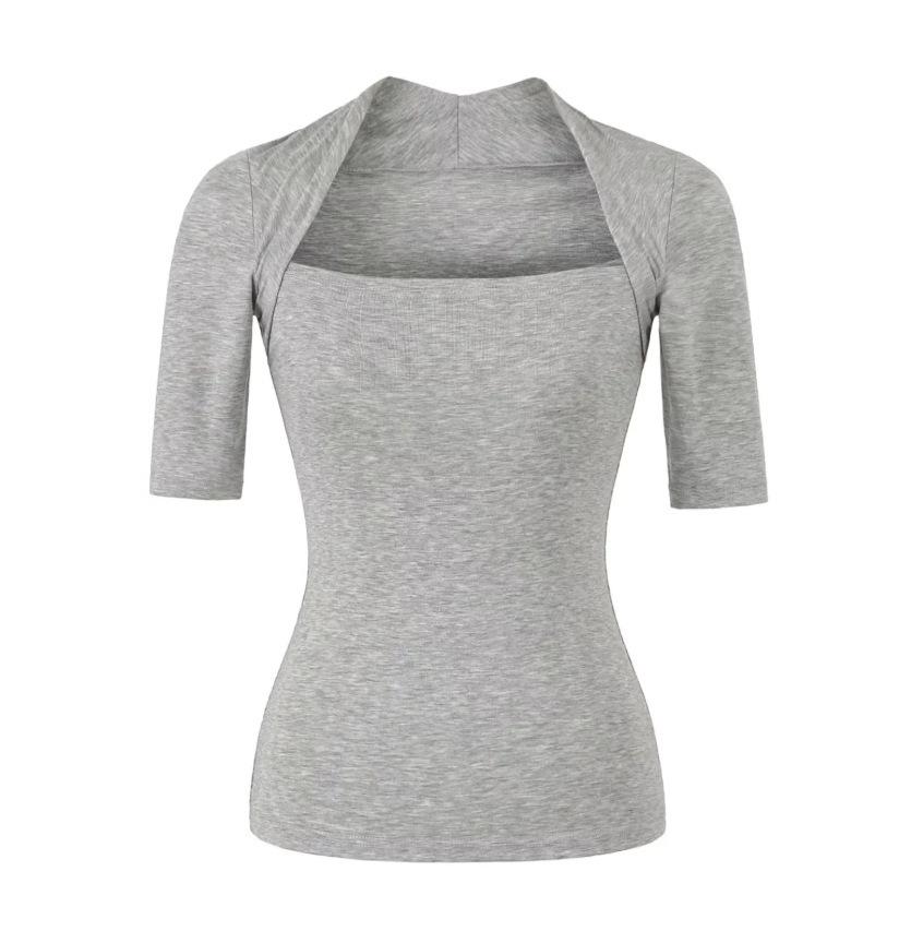 Light Gray Square Neck Slim Fit T-Shirt for Women - Short Sleeve, Waist Cinched, Ideal for Spring/Autumn