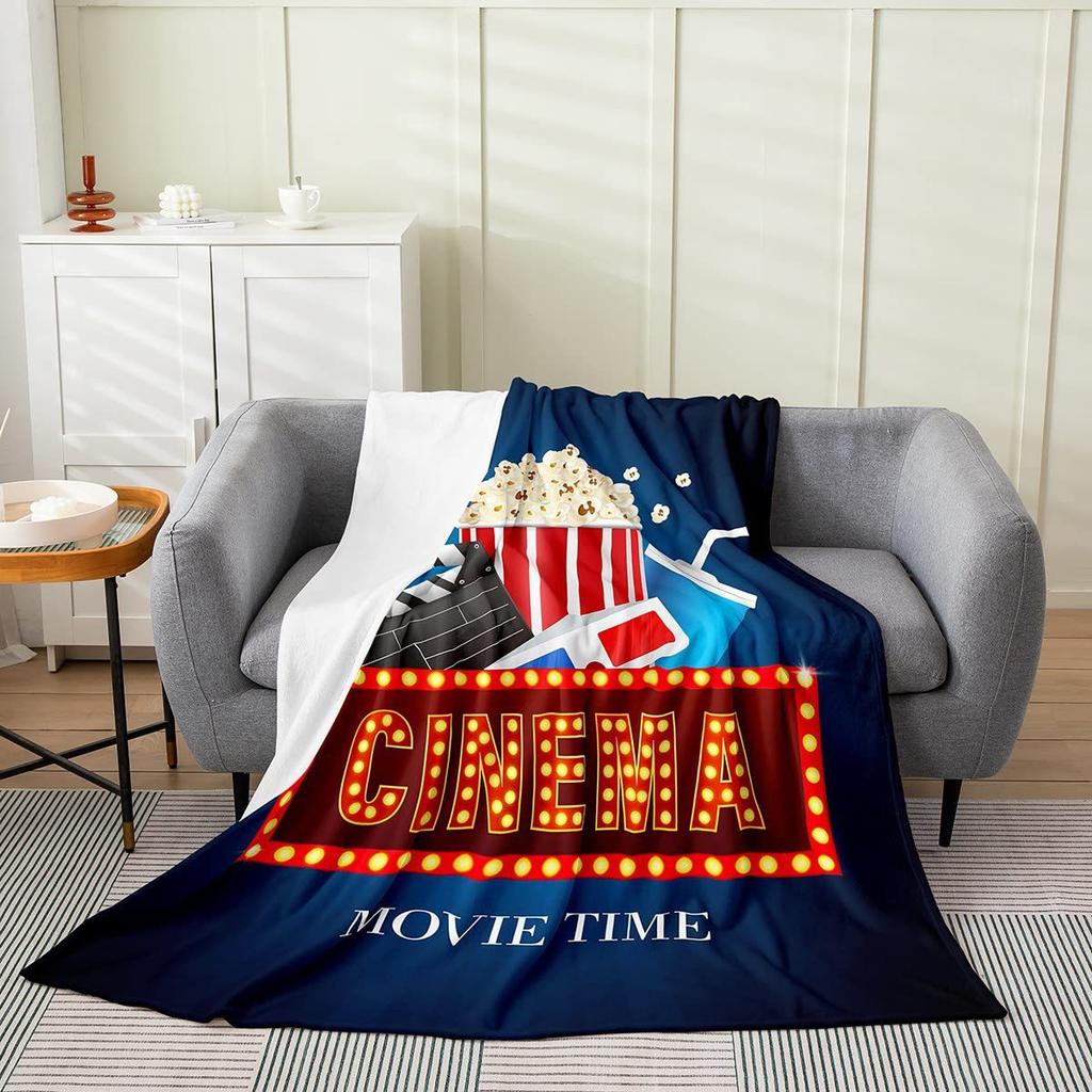 Movie Night Popcorn Printed Blanket for Sofa Bed Travel Camping Living Room Office Conditioning Blanket for All Seasons Gifts