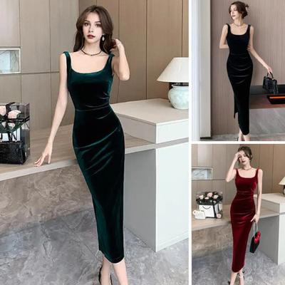 Sommer Damen Abendkleid Ärmellos Slim Fit Rückenfrei Reine Farbe Geteilter Saum Samt U-förmiger Hals Abschlussball Cocktailparty Midikleid