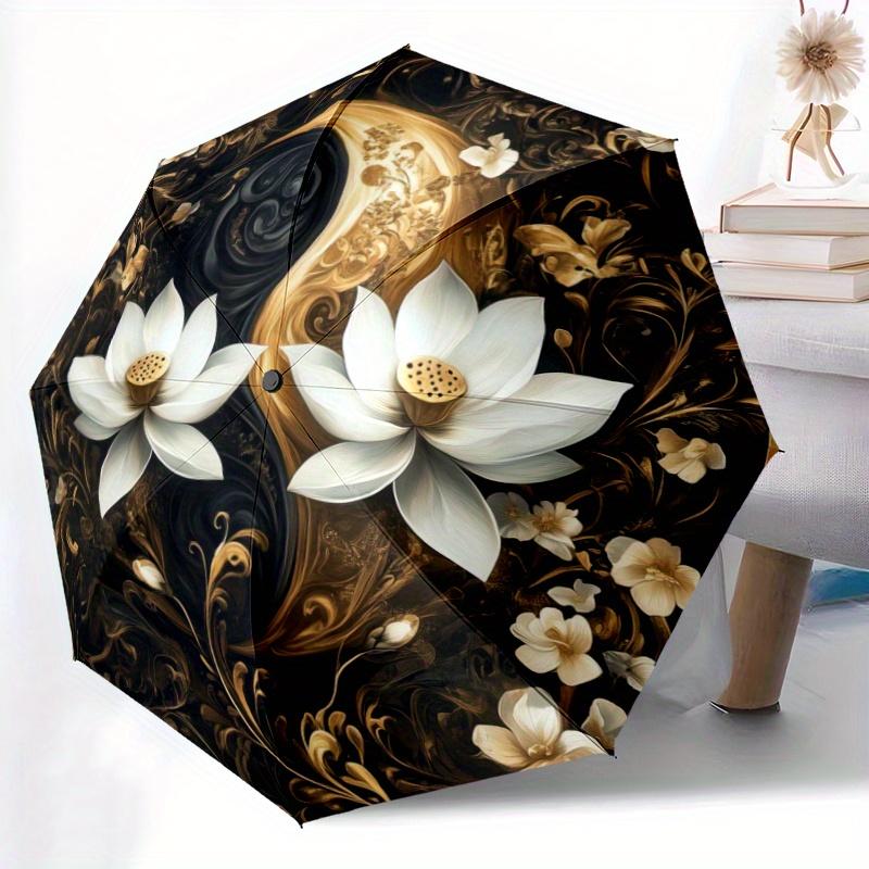 Elegant Floral & Yin-Yang Design Automatic Folding Umbrella, 8-Rib Durable Frame, for Outdoor Use - Ideal Holiday Gift, Outdoo