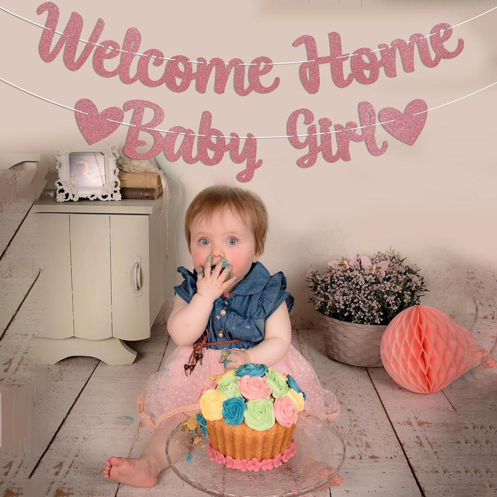 Welcome Home Baby Girl Banner - Pink Baby Shower Decorations for Girl, Gender Reveal Baby Shower Ide Outside Decoration Rose Gold Glitter