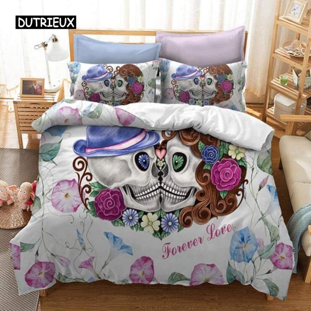 Sugar Skull Duvet Cover Set 3D Printed Gothic Bedding Soft Comforter with Zipper 2 Pillow Shams