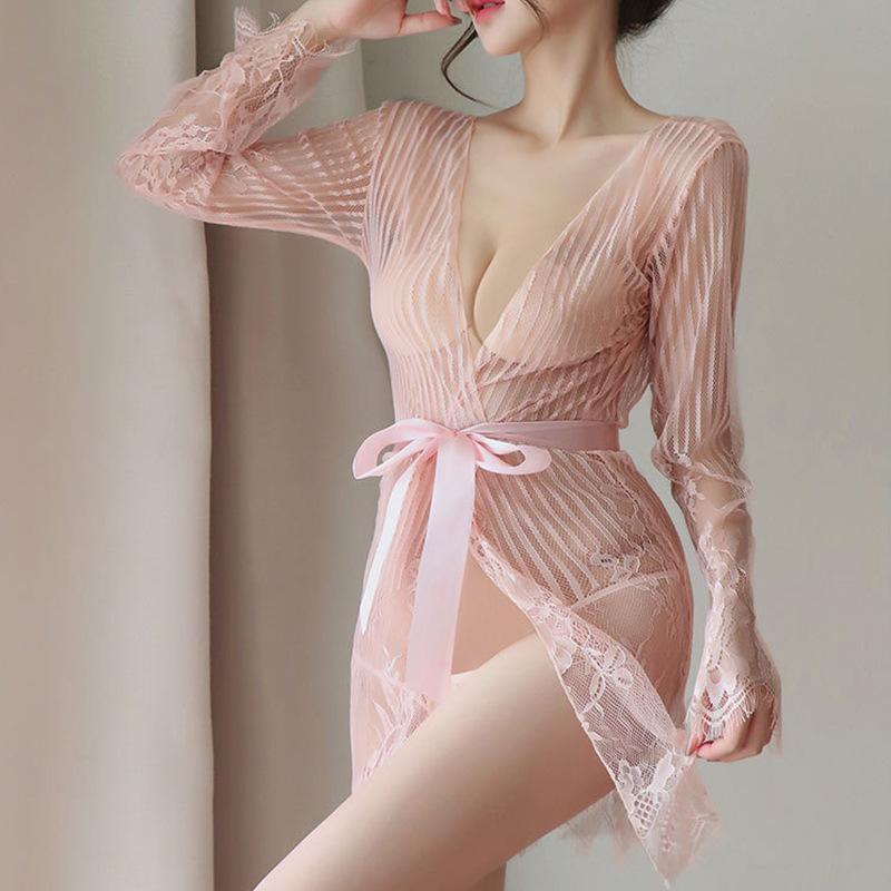 Pure sex underwear perspective striped eyelashes sexy suit large size free lace bathrobe straps