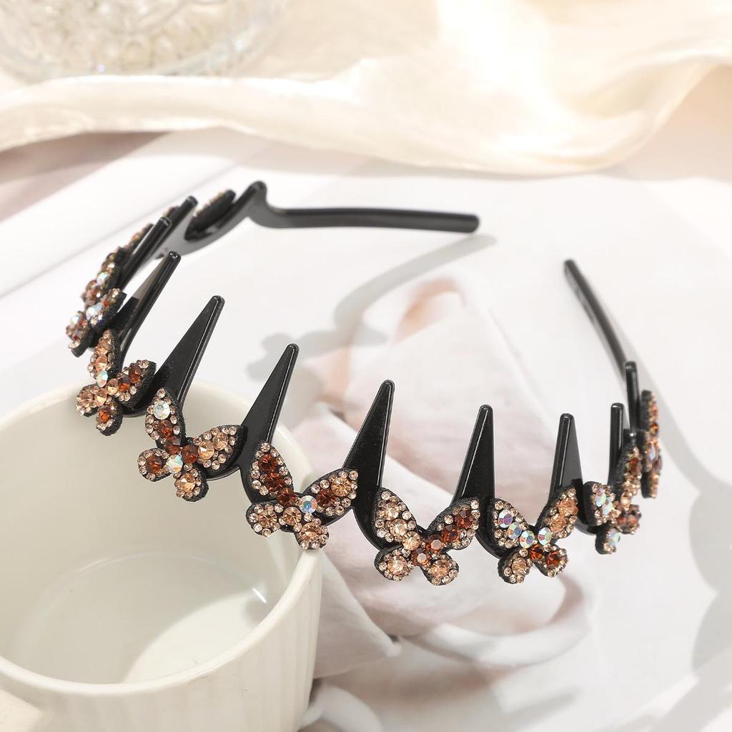 Korean Sparkly Rhinestone Flower Wavy Black Headband with Non-slip Teeth for Women