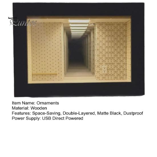 Double-layer Mirror Frame Wooden Backrooms Style Night Light, Infinite Effect Tabletop Lamp, Matte Black Solid Wood Photo Box Dustproof Ambient Light