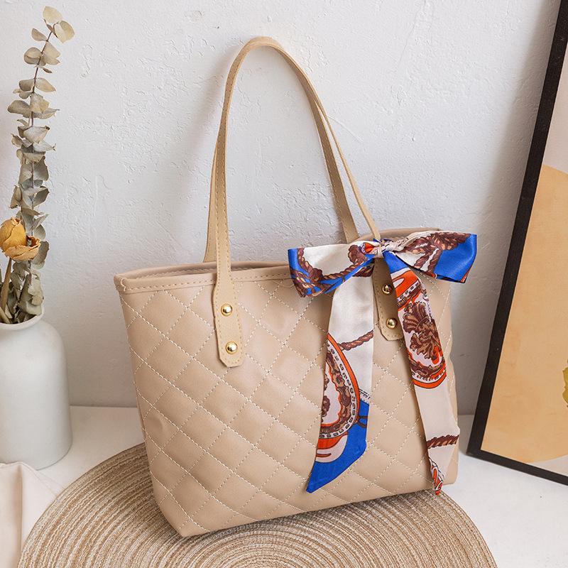 Large Capacity Diamond Patterned Embroidered Bag, Simple Silk Scarf Tote Bag, Single Shoulder Bucket Bag