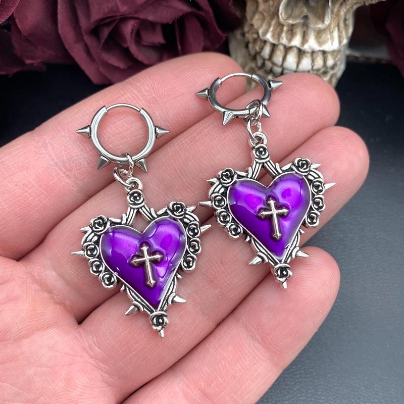 

Goth Jewelry Thorns Heart Cross Earrings Red Dripping Oil Rose Flower Earrings for Women Punk Charms Accessories Grunge Earrings Purple