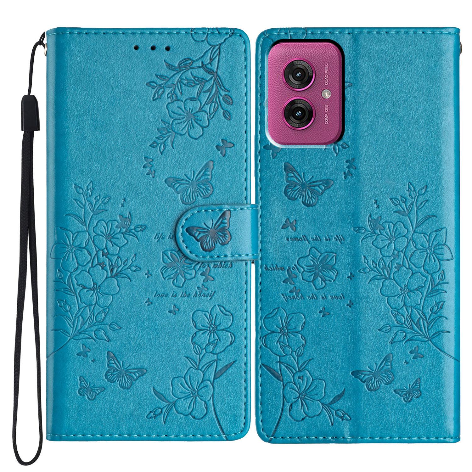 

For Motorola Moto G55 5G Wallet Phone Case Butterfly Floral Imprint Leather Flip Cover Blue