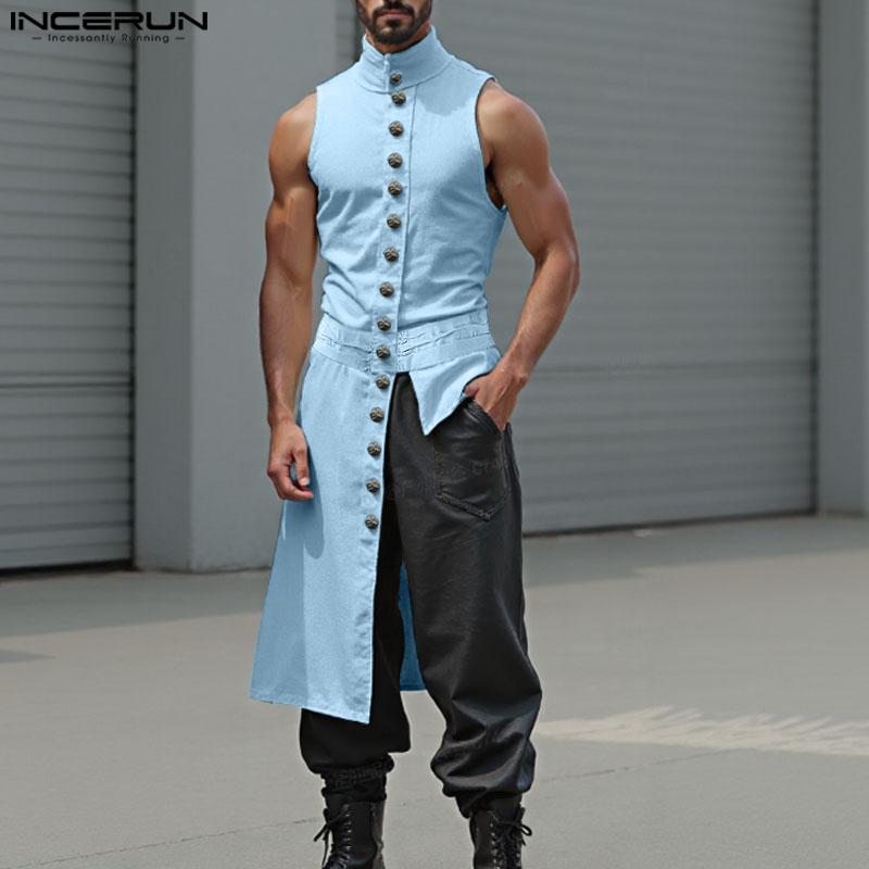INCERUN Men Stand Neck Sleeveless Buttons Side Splits Irregular Tank Tops