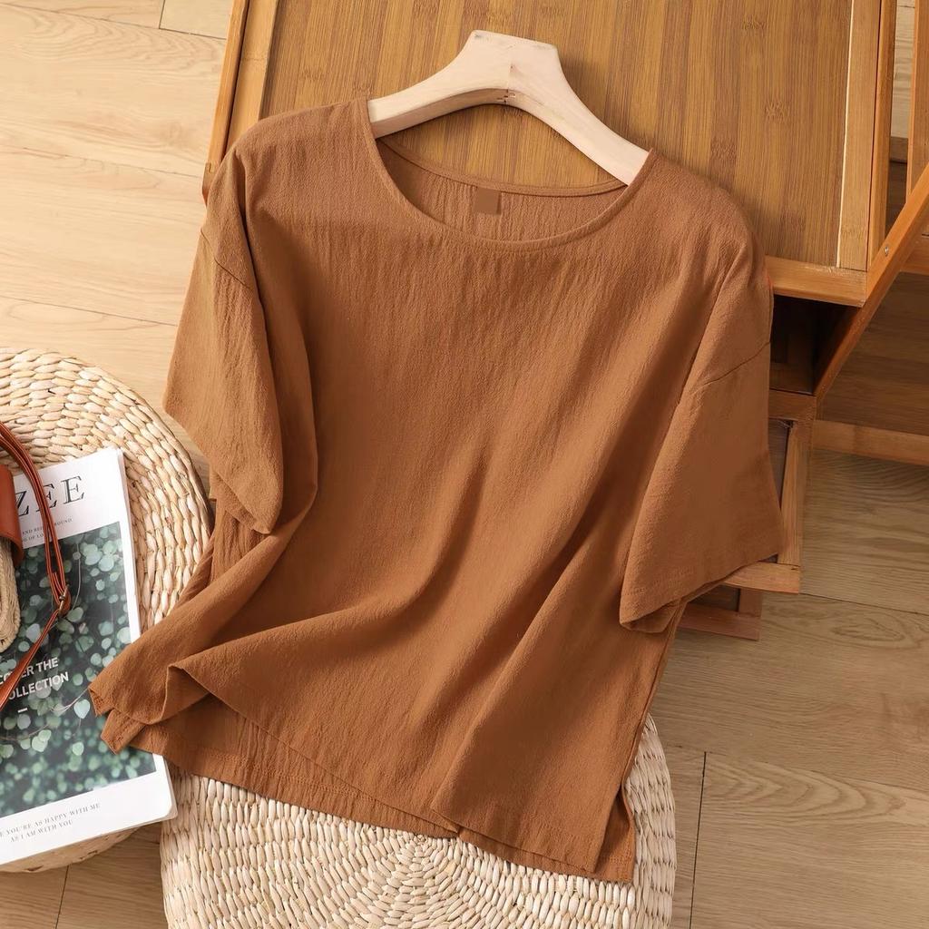 New Summer Cotton and Linen Women's Large-size Tops Literary Pullover Casual Loose T-shirt Short-sleeved Tops