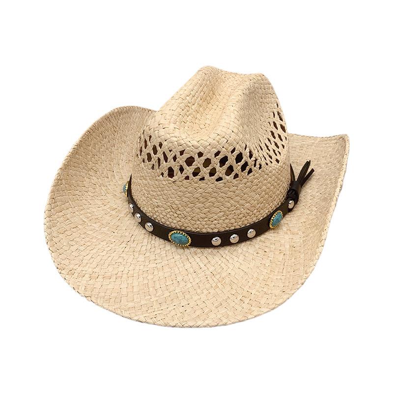 Western Cowboy Hat, Travel Sunshade And Sunscreen Hat, Raffia Hand-Woven Crimped Hat