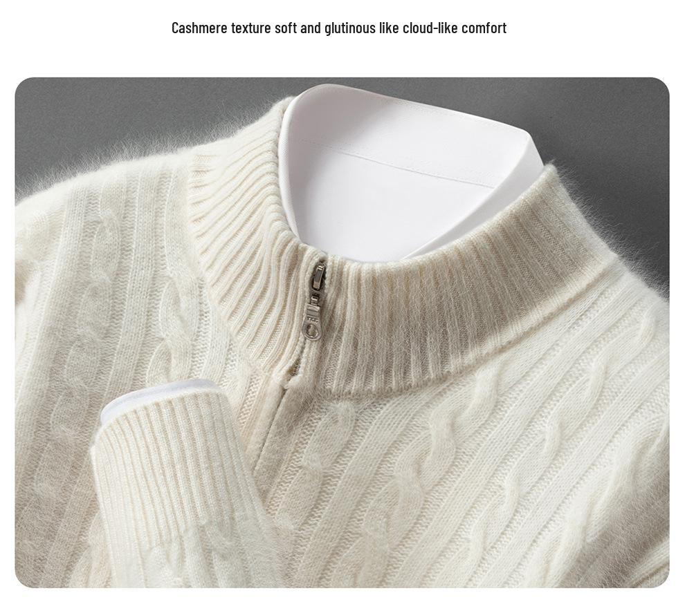 Men's Autumn/Winter Cashmere Cable Knit Zipper Cardigan Sweater, Half-High Collar, Plus Size