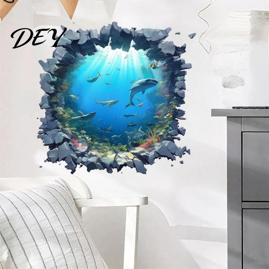 Easy Install Wall Art for Bedroom Underwater Shark Sticker, Realistic 3D Ocean View Decal, Waterproof Decals PVC Mural Living Room Bathroom