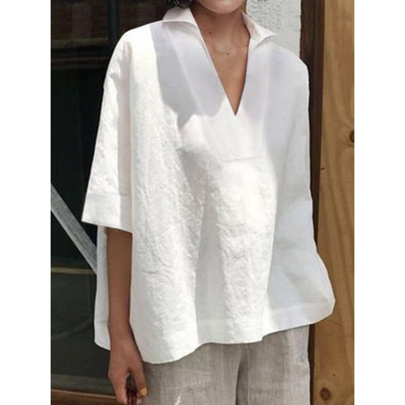 Sommer Damen Übergröße V-Ausschnitt Kurzarm Shirt Lockeres Oberteil