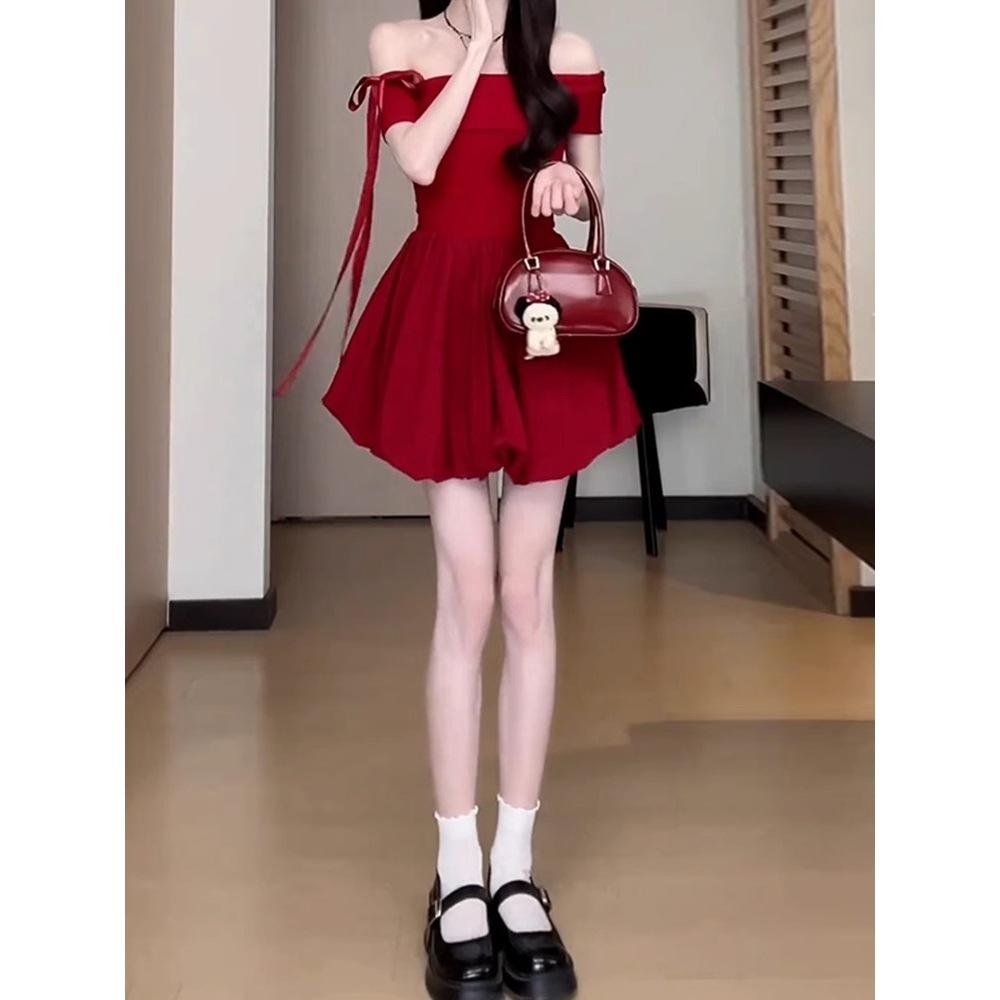 French one-word shoulder off-the-shoulder red dress women's summer new small beautiful puffy bud dress