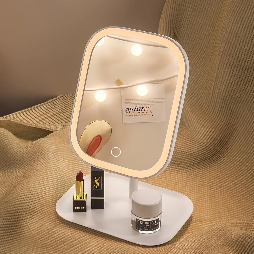 LED Makeup Mirror, Touch Control 3 Light Modes, Rechargeable Portable Vanity Mirror with Stand & Foldable Design