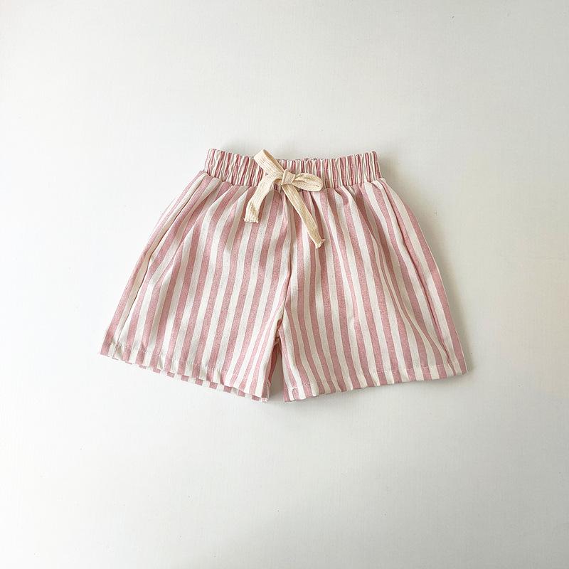 Spring & Summer Unisex Striped Linen-Cotton Kids Shorts – Cute, Casual, and Breathable Korean Style.