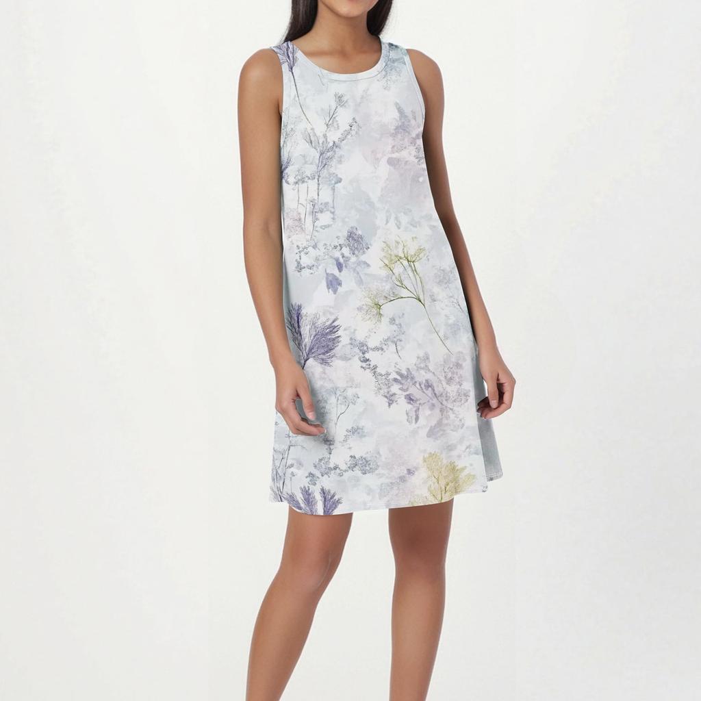 Vestido de Playa de Moda para Mujer sin Mangas Cuello Redondo Estampado Floral