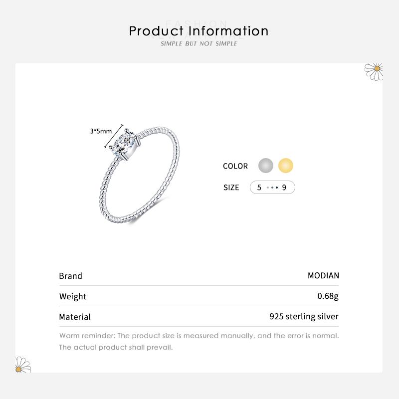 MODIAN Simple Twist Thin Gold Color Rings 925 Sterling Silver Tiny Oval Sparkling Finger Rings For Women Wedding Jewelry