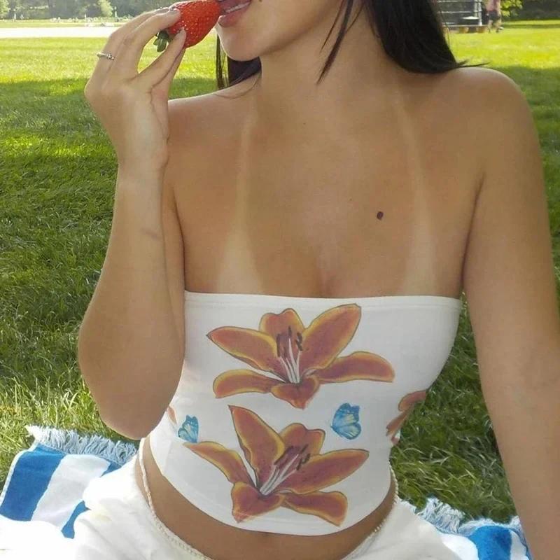 Summer Beach Sexy Off Shoulder Tube Top Ladies Party Flower Print Crop Tops Hot Girls Street Bodycon Sleeveless Underwear Holiday Strapless Tight Top