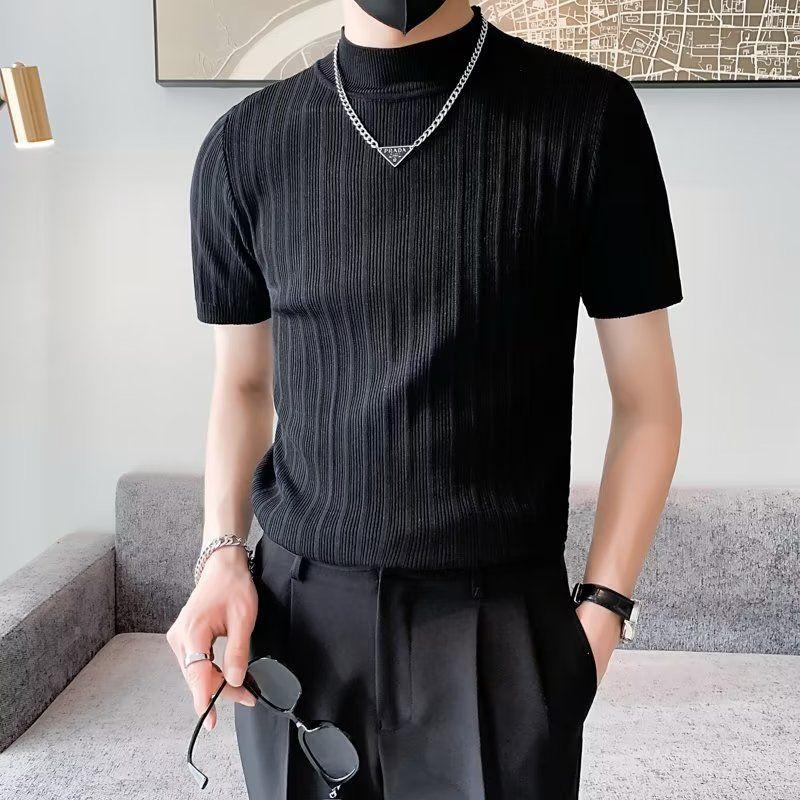 

Korean Half High Collar Pullovers Summer Solid Color All-match Men s Clothing Slim Short Sleeve Stylish Casual Knitted T-shirts XXXL чёрный