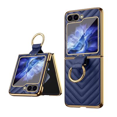 VIETAO Compatible With Samsung Galaxy Z Flip 6 5 4 3 Golden Plated Finger Ring Holder Kickstand Leather Mobile Phone Case, Blue