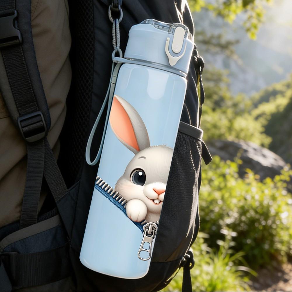 1PC Cute Rabbit Zipper Surprise Cartoon Portrait 750ml Color Plastic Sports Water Bottle Leakproof Flip Straw Lid Suitable for Sports Office Home Use