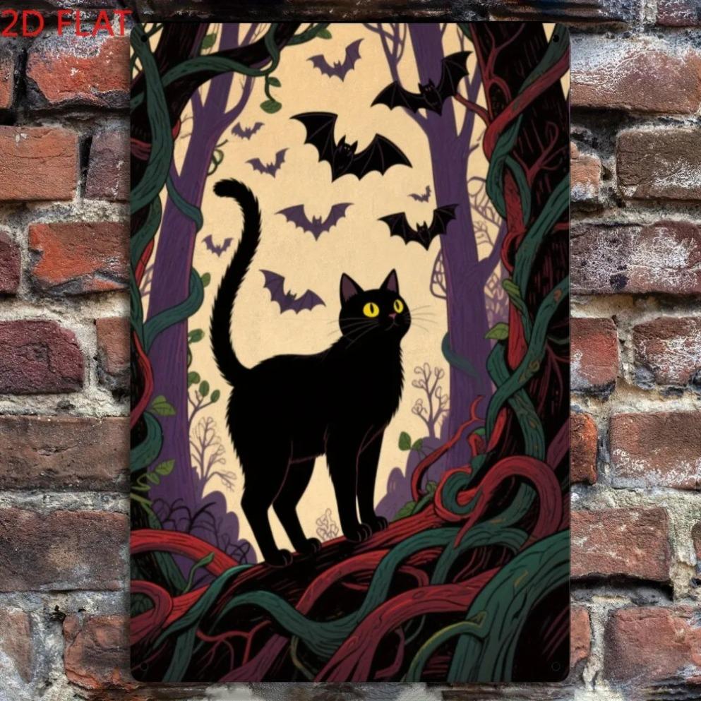 1pc 2D Flat Vintage Halloween Iron Sign Black CatBatsMystical Forest Decor Ideal for HomeGardenIndoorOutdoor