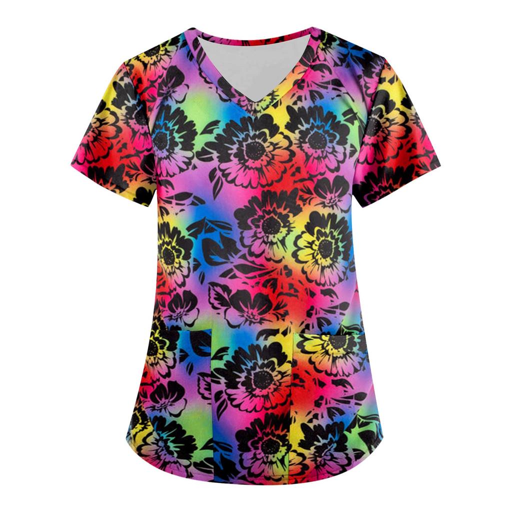 Women's Fashion V-neck Short Sleeve Workwear With Pockets Printed Tops