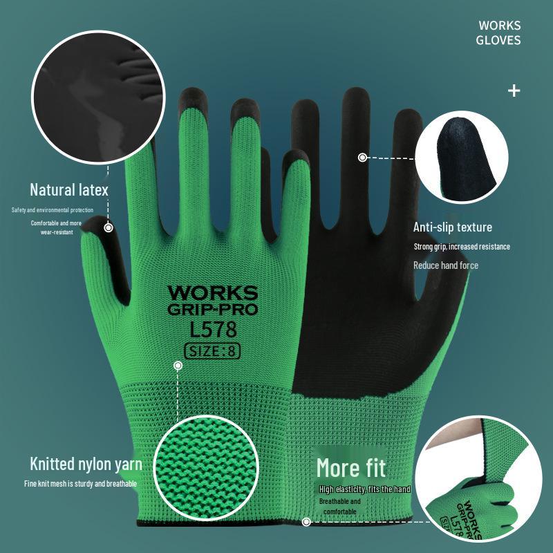 13-Gauge Nylon Latex Rubber Protective Gloves - Wrinkle Foam Wear-Resistant