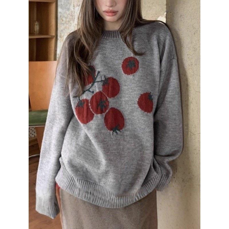 Gentle Tomato 2025 Jacquard Knit Sweater: Casual Loose Korean Style, Round Neck, Soft & Fluffy Autumn/Winter Top