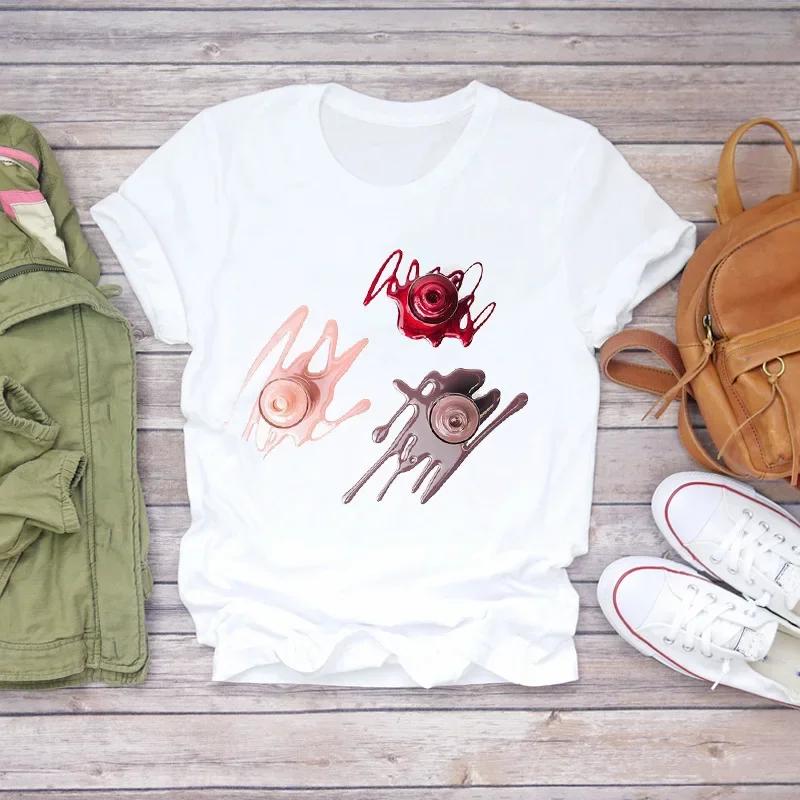 Fashion Short Sleeve White T-Shirt for Women Nail Art Makeup Beauty Style Inspired by Europe And America Summer Polyester Fabric