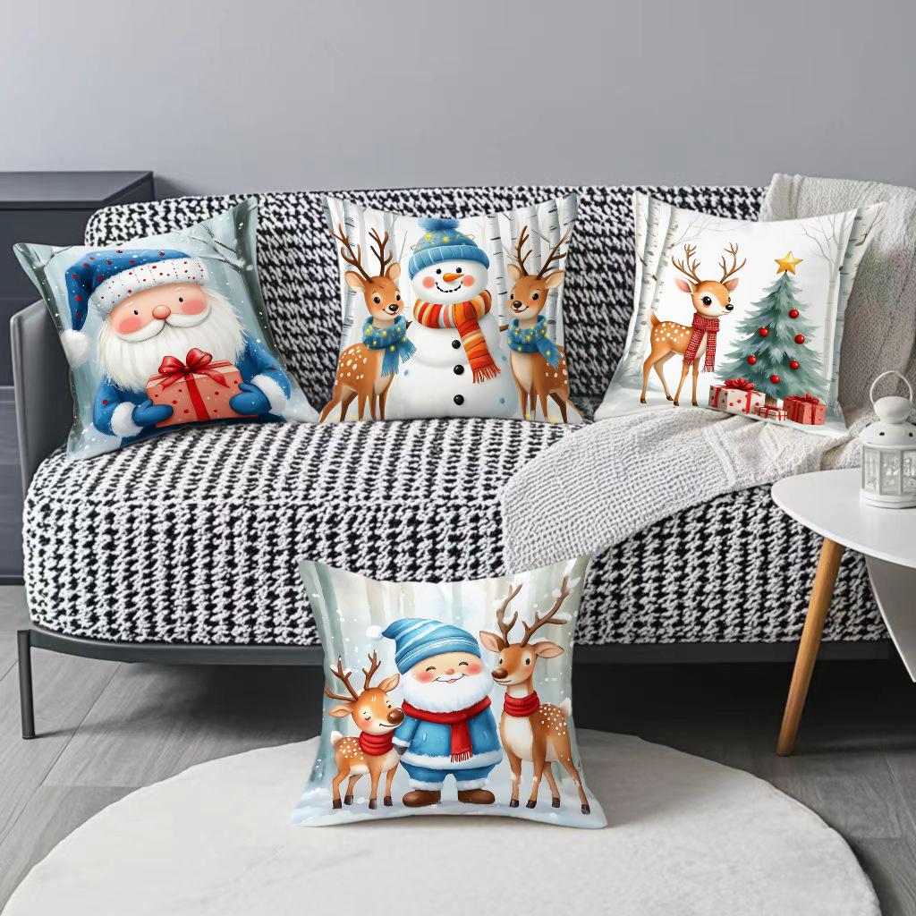 Χριστουγεννιάτικο Θέμα Κάλυμμα Μαξιλαριού Καναπέ Αυτοκινήτου Άγιος Βασίλης Άλκης Λινό Βελούδινο Κάλυμμα Μαξιλαριού με Εκτύπωση