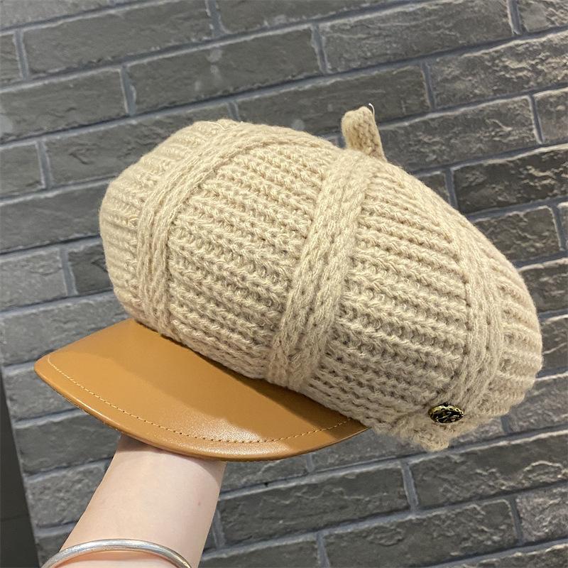 Simple big head circumference knitted beret women's spring and autumn British retro face small octagonal hat PU newsboy hat