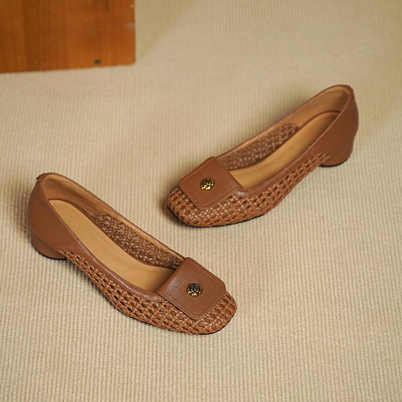 Sheepskin retro woven hollow square head camellia thick heel light mouth single shoes women's white summer sandals women's