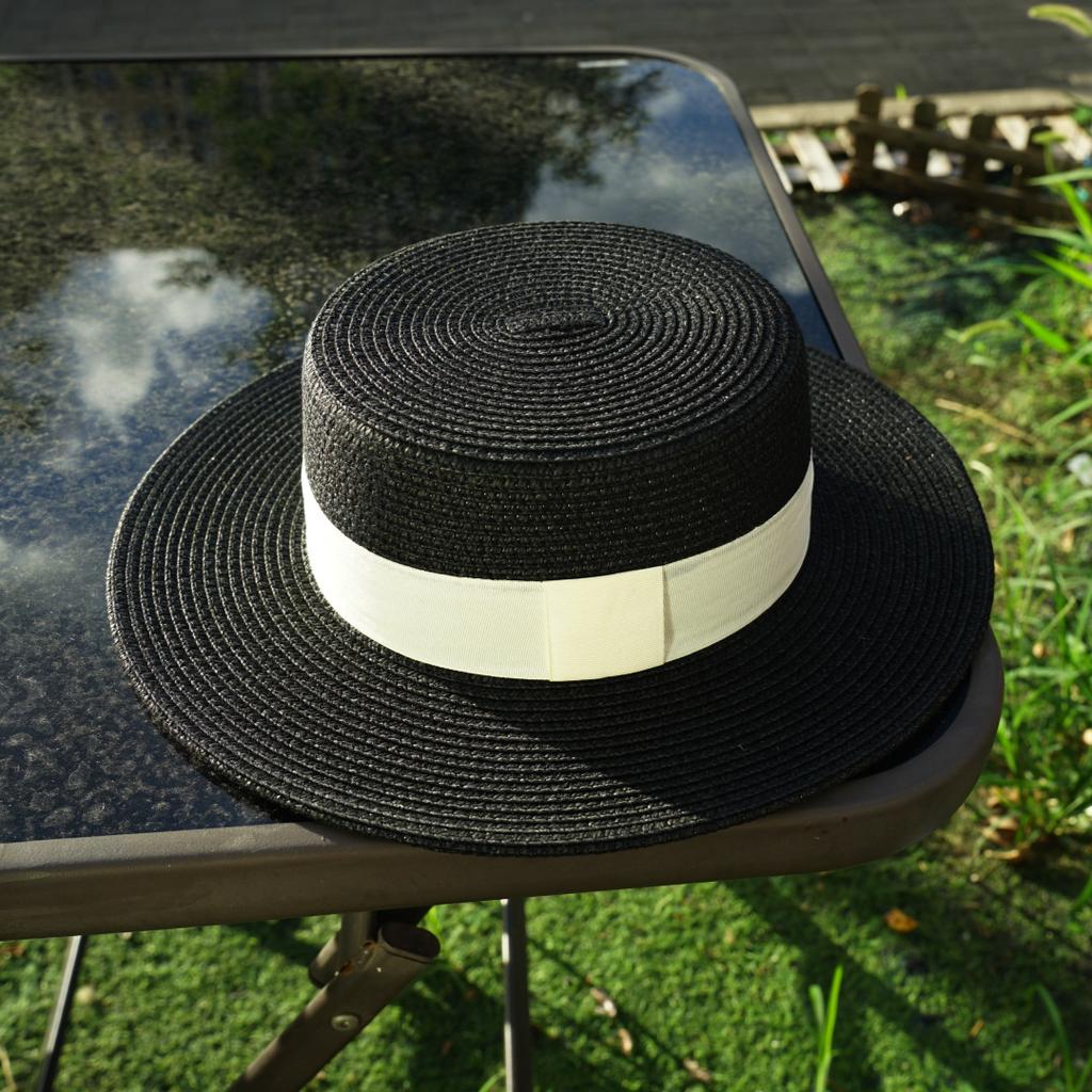 French Small Fragrance Black Wide Brim Straw Hat For Men And Women Summer Retro Flat Top Top Hat Sunshade Sun Protection Beach Versatile Vacation