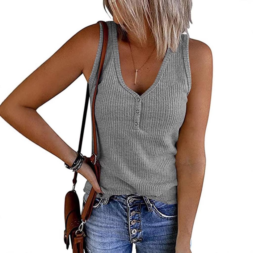 Summer New Solid Color V-neck Button Front Knit Tank Top, Women's Sleeveless Casual Top for European American