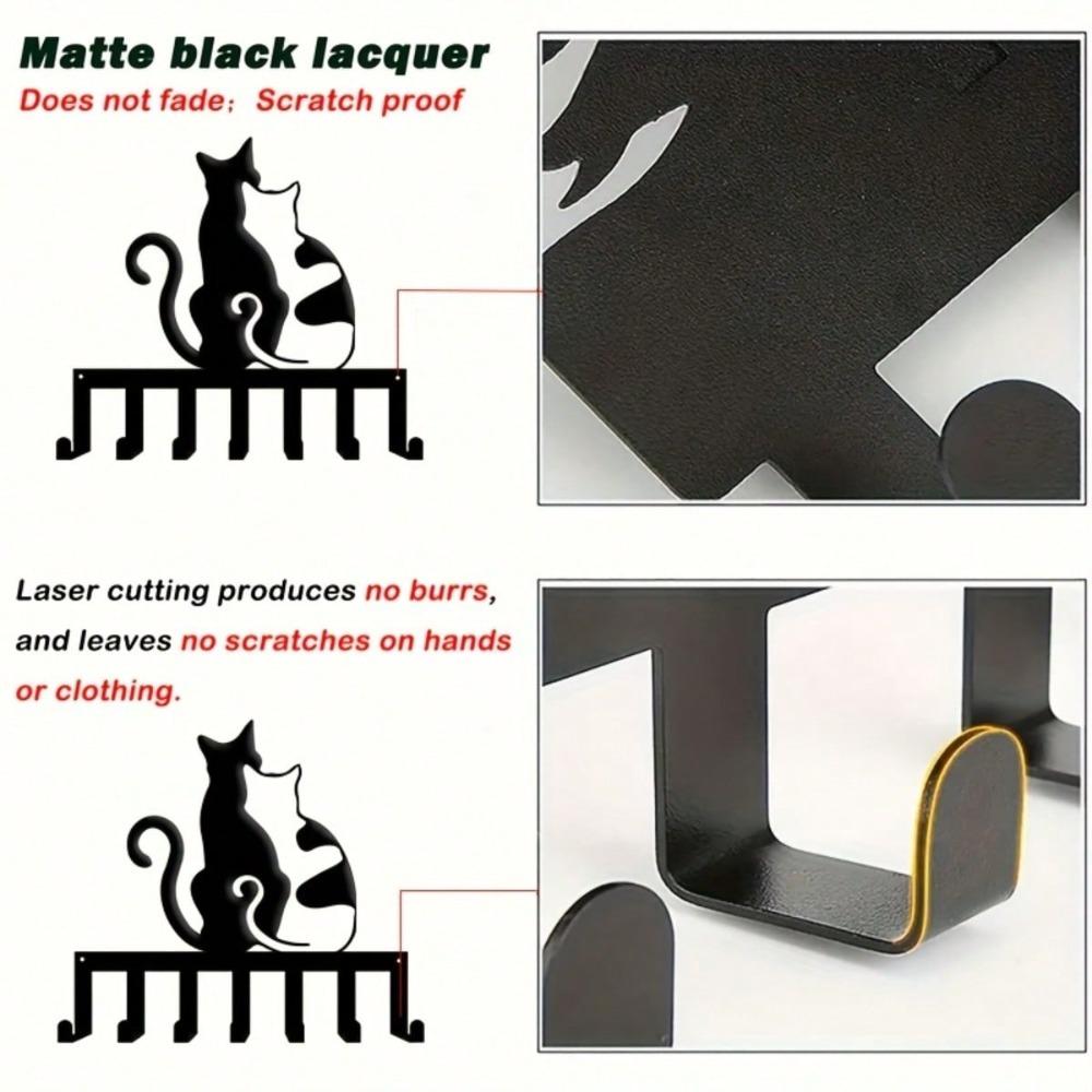 Modern Cat Silhouette Key Holder 7 Hook Wall Mounted Iron Organizer Space Saving Entryway Bedroom Gift for Cat Lovers
