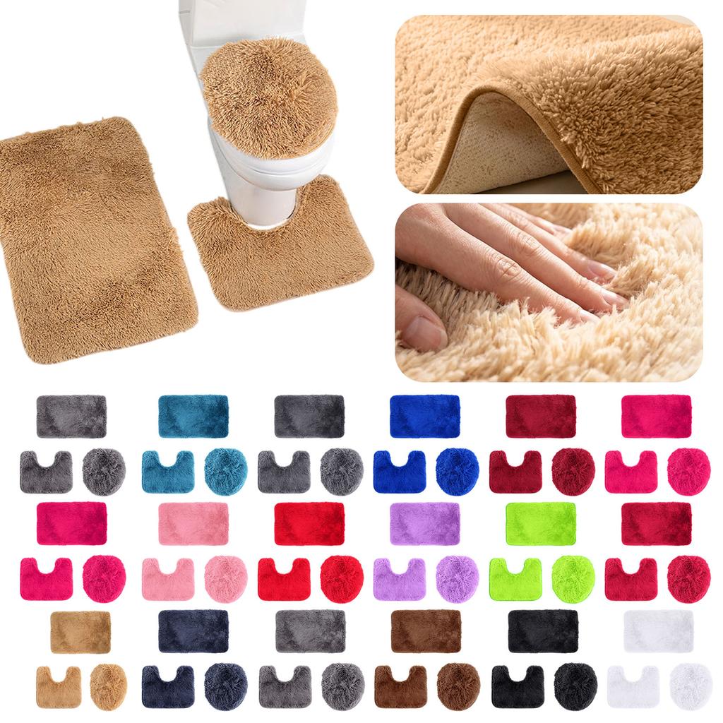 Bathroom Rug Set 3 Piece Includes Non Slip Bath Mat Contour Rug and Toilet Lid Cover Soft Shaggy Microfiber Absorbent Mat for Home Hotel Use