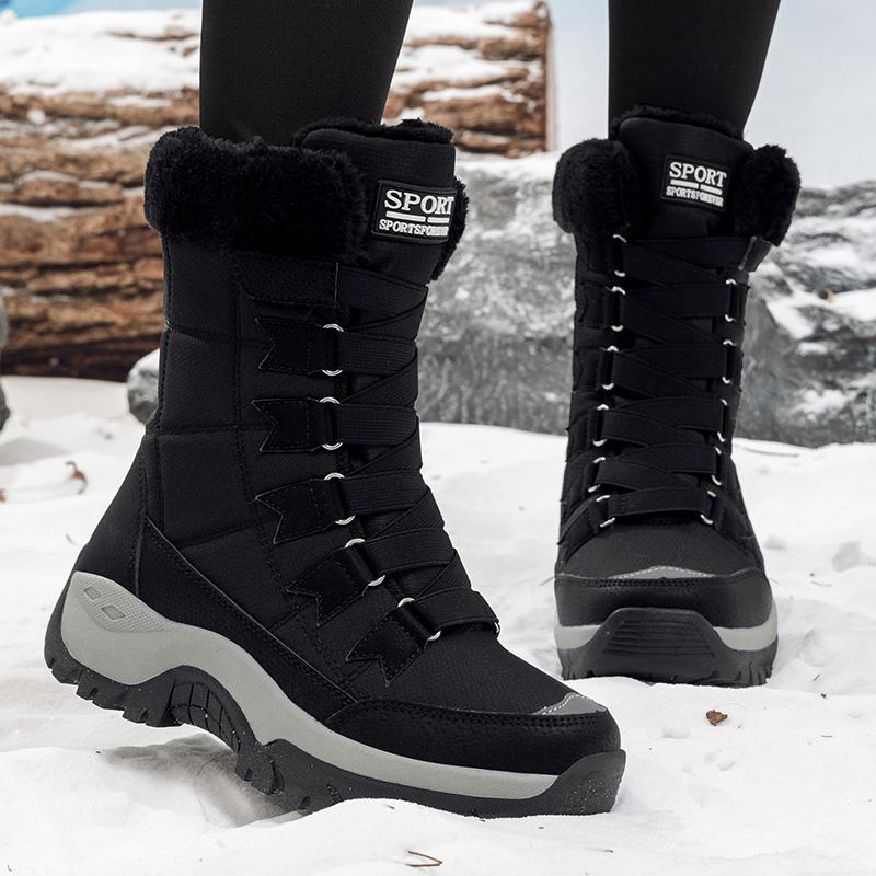 Fur-lined Snow Boots Women Plush Winter Hiking Shoes Ladies Anti-slip Warm Cotton Shoes Waterproof High-top Boots