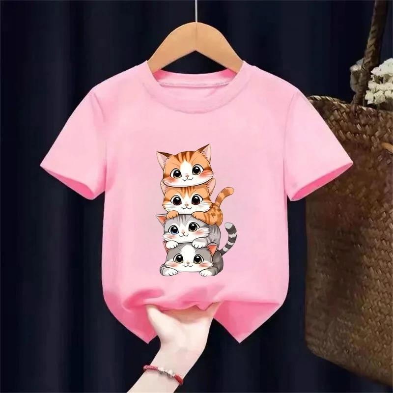 Cute Cat Graphic Kids Tshirts Summer Short Sleeve Tees Cartoon Animal Boys Girls Clothes Kawaii Kitten Tops Y2K Children T-shirt