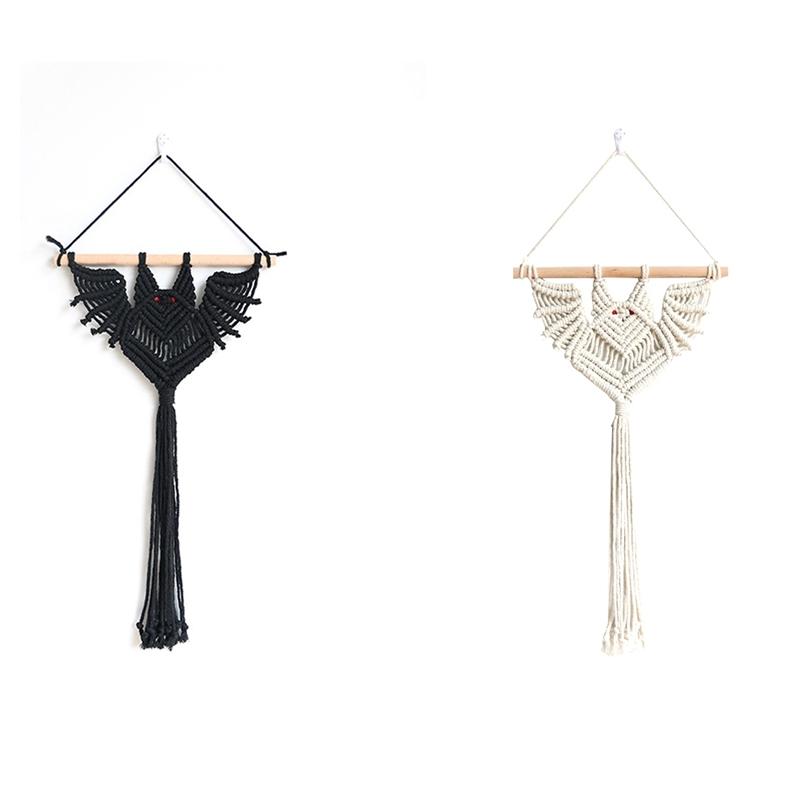 Halloween Bat Macrame Wall Hanging Geometric Art Decor Handmade Woven Gothic Ornament For Bedroom Black Durable Easy Install