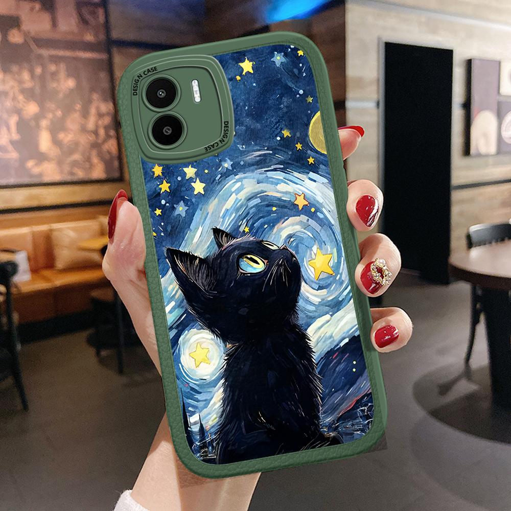 The Starry Night Black Cat PU Leather Phone Case for iPhone 15 14 13 12 Pro Max Samsung Galaxy S23 Ultra S20 FE A52 Redmi Xiaomi POCO Soft Cover