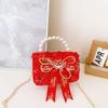Red Adorable Pu Handbag For Kids Featuring Bow Design And Trendy Strap Chain