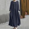 Long Sleeve Cotton Linen Plus Size Women Solid Color Round Neck Pocket Long Dress with Irregular Patchwork Hem