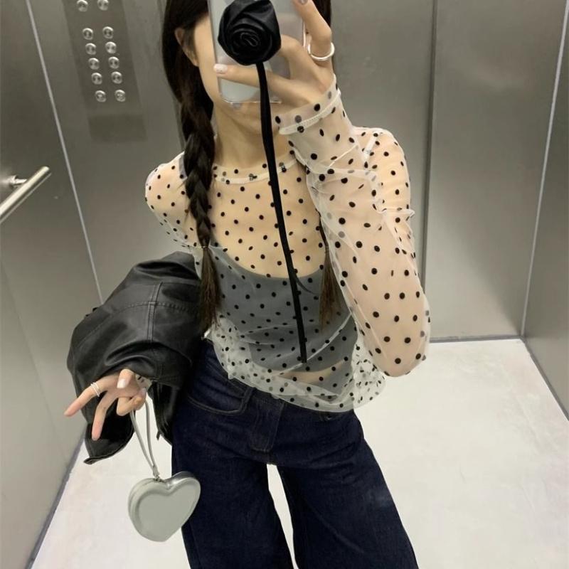 Pure Desire Style Spicy Girl Design Sense Perspektive Punktmuster T-Shirt Damen Sommer Mesh Sexy Lockerer Pullover Top