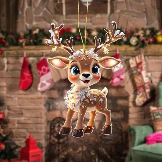 2D Flat Acrylic Elk Pendant Cartoon Deer Car Rearview Mirror Charm Christmas Tree Hanging Decoration for Auto Interior Accessories Holiday Window Wall